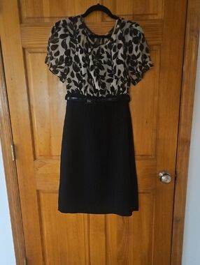 Connected Apparel Black Pencil Skirt with Black & Tan Floral Top